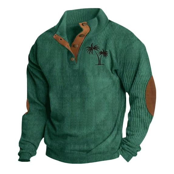 Corduroy Sweatshirt for Men Color Block Vintage Button Stand Collar Long Sleeve Pullover Tops with Elbow Patches