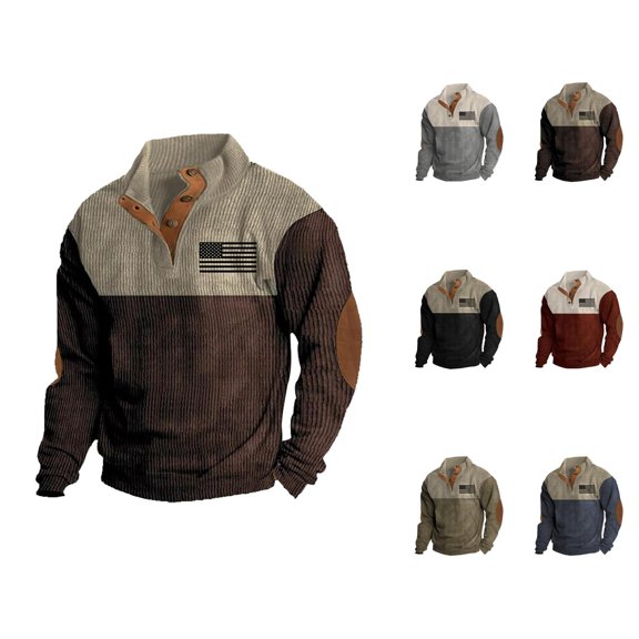 Corduroy Sweatshirt for Men Fall Winter Long Sleeve Button Stand Collared Color Block Flag Sweat Shirt Pullover Tops