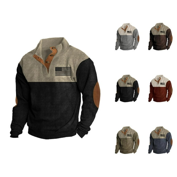 Corduroy Sweatshirt for Men Fall Winter Long Sleeve Button Stand Collared Color Block Flag Sweat Shirt Pullover Tops