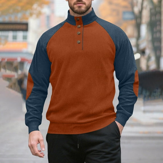 Corduroy-Sweatshirts for Men No Hood Long Sleeve Button Mock Neck Shirts Mens Vintage Color Block Pullover Basic Business Work Sweatshirt Tops