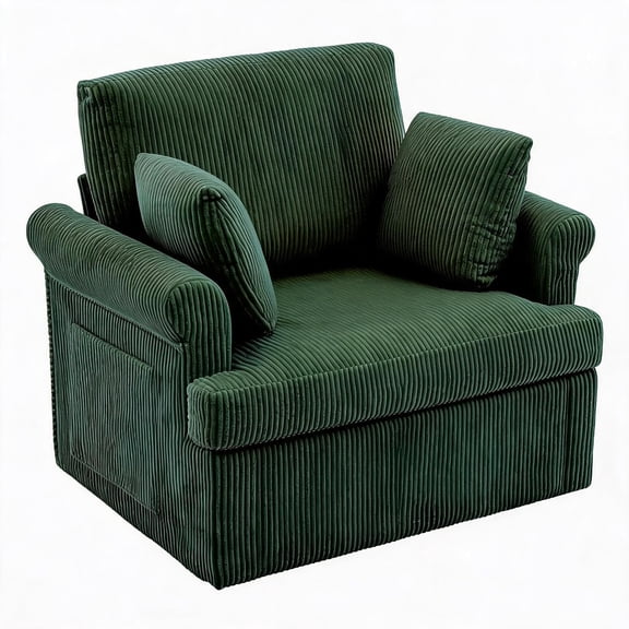Corduroy Swivel Accent Chair, 39 Inch Round Armchair with 2 Pillows, 360 Degree Rotating Lounge Chair for Living Room, Bedroom, Office, Reading Nook,Green