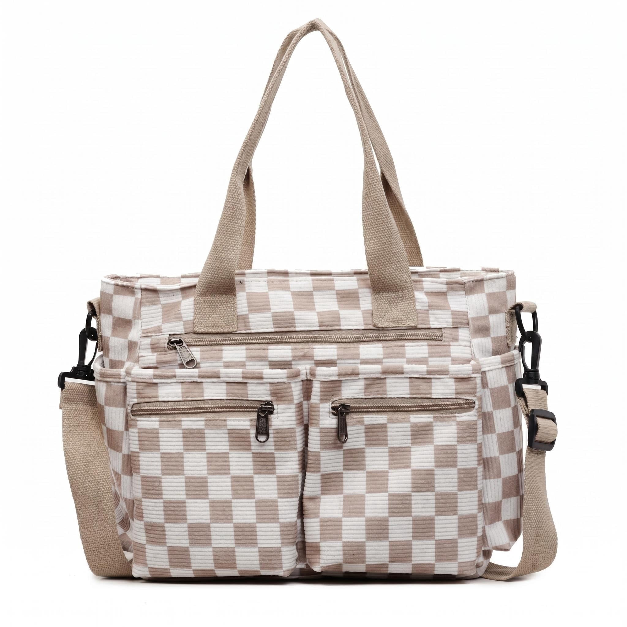 Tote Bag Crossbody Purse for Women, Multi-Pocket Shoulder Handbag, Large Capacity Lightweight Casual Shoulder Bag Gingham Print Khaki
