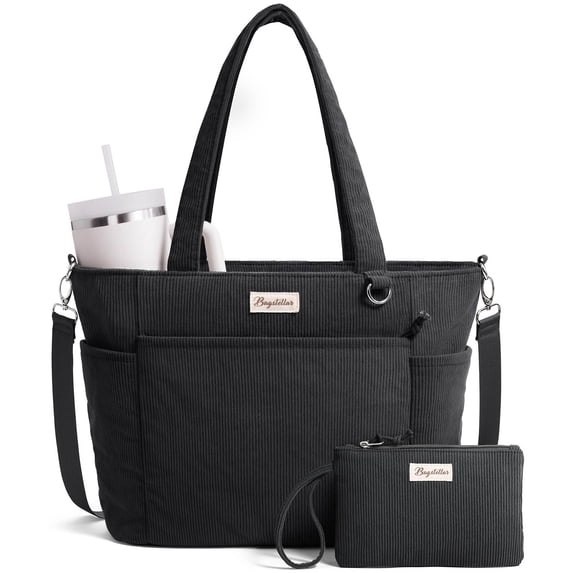 Corduroy Tote Bag for Women, Large Work Laptop Tote Purse with 11 Pockets, Top-Zip Ladies Bag, Casual Shoulder Handbag for Office School Travel Gym College, Black
