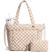 Corduroy Tote Bag for Women, Large Work Laptop Tote Purse with 11 Pockets, Top-Zip Ladies Bag, Casual Shoulder Handbag for Office School Travel Gym College, Checked Brown White