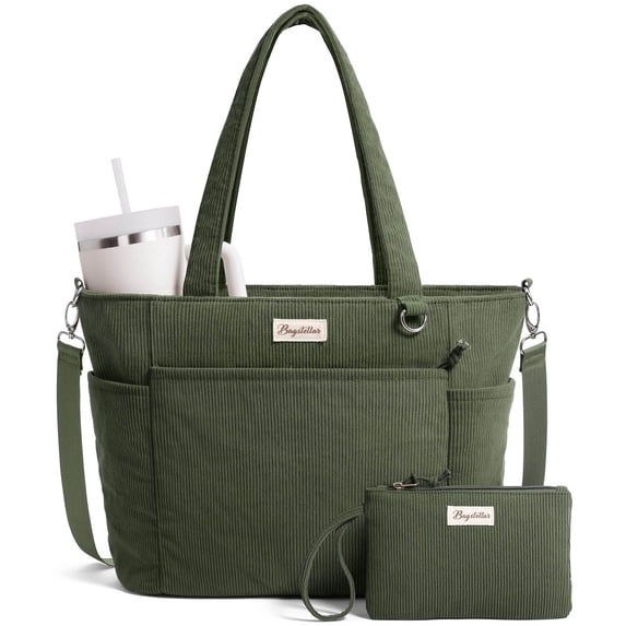 Corduroy Tote Bag for Women, Large Work Laptop Tote Purse with 11 Pockets, Top-Zip Ladies Bag, Casual Shoulder Handbag for Office School Travel Gym College, Green
