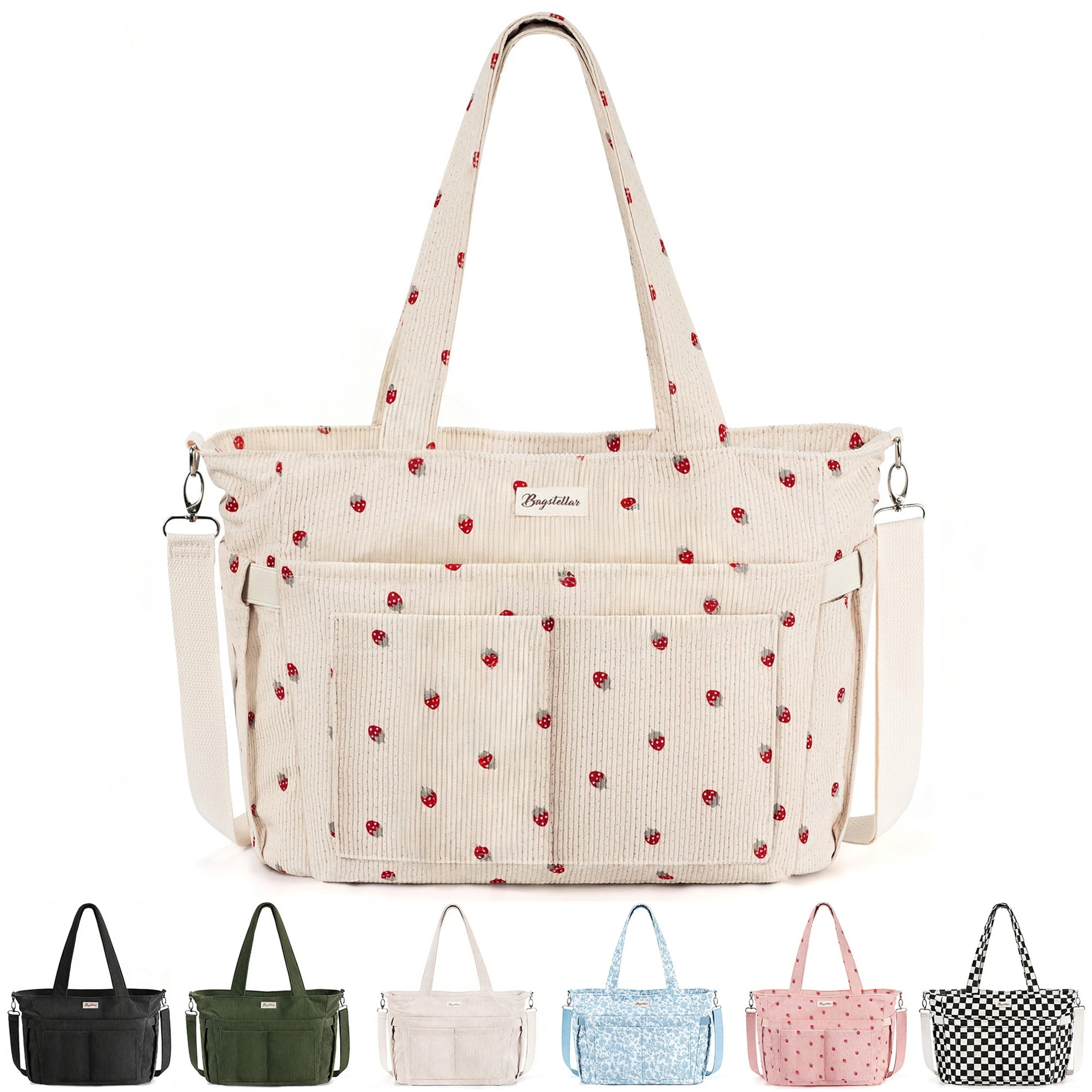 Corduroy Tote Bag for Women, Lightweight Work Laptop Tote Purse With 17 Pockets, Crossbody Shoulder Handbag for School Work Travel Gym, Beige Strawberry