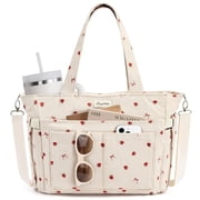Corduroy Tote Bag for Women, Lightweight Work Laptop Tote Purse With 17 Pockets, Crossbody Shoulder Handbag for School Work Travel Gym, Beige Strawberry
