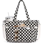 Corduroy Tote Bag for Women, Lightweight Work Laptop Tote Purse With 17 Pockets, Crossbody Shoulder Handbag for School Work Travel Gym, Checked Black White