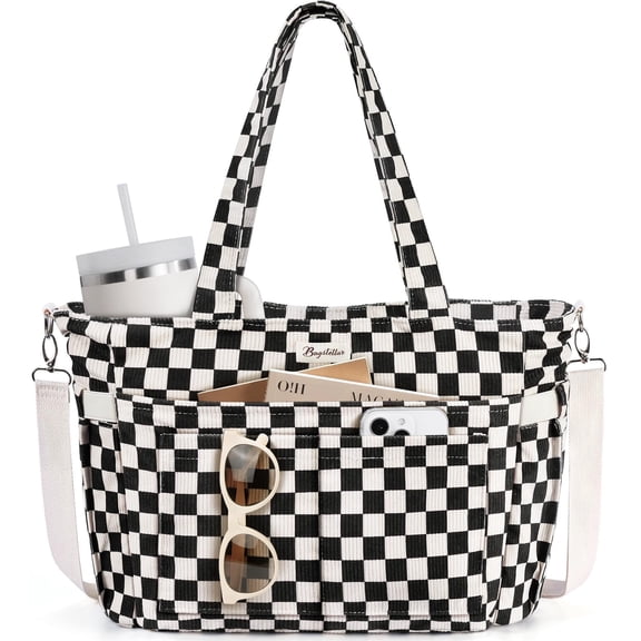 Corduroy Tote Bag for Women, Lightweight Work Laptop Tote Purse With 17 Pockets, Crossbody Shoulder Handbag for School Work Travel Gym, Checked Black White