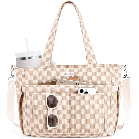 Corduroy Tote Bag for Women, Lightweight Work Laptop Tote Purse With 17 Pockets, Crossbody Shoulder Handbag for School Work Travel Gym, Checked Brown White