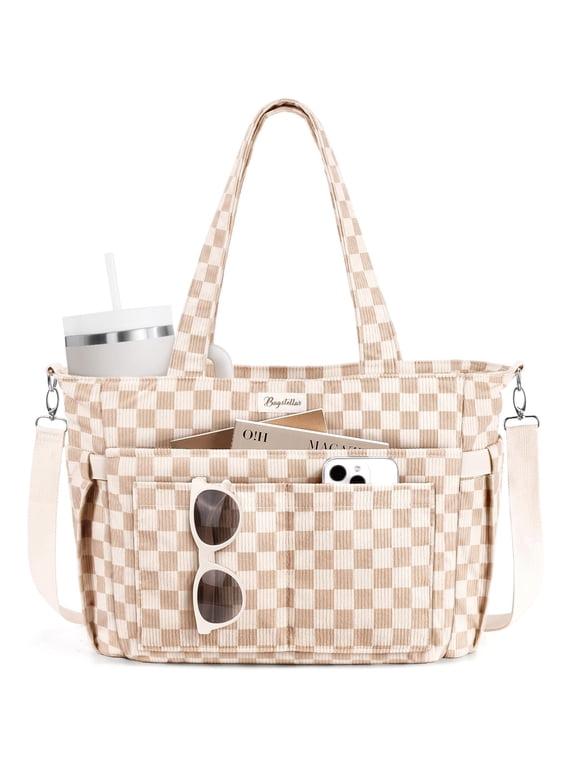 Corduroy Tote Bag for Women, Lightweight Work Laptop Tote Purse With 17 Pockets, Crossbody Shoulder Handbag for School Work Travel Gym, Checked Brown White