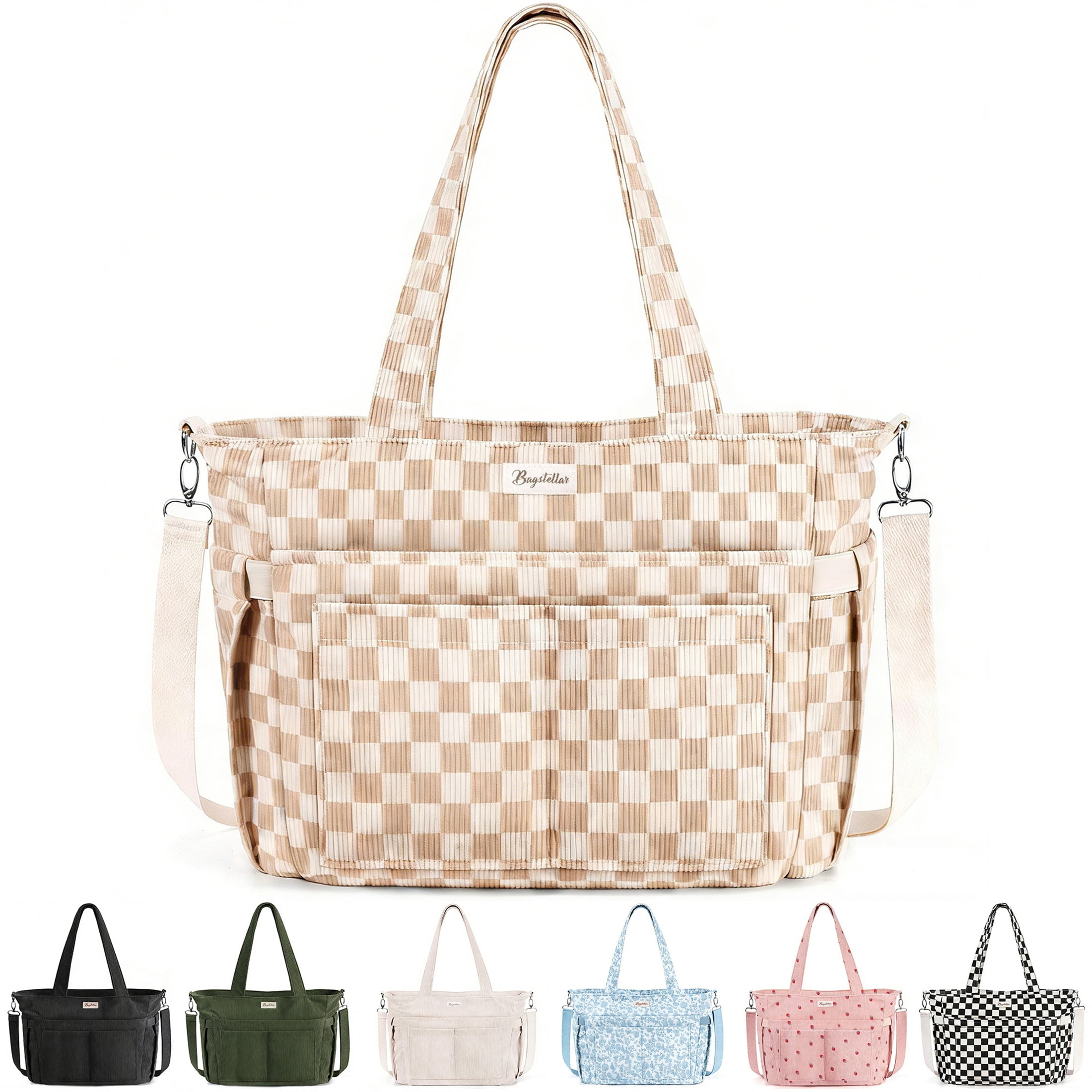 Corduroy Tote Bag for Women, Lightweight Work Laptop Tote Purse With 17 Pockets, Crossbody Shoulder Handbag for School Work Travel Gym, Checked Brown White