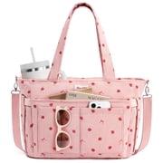 Corduroy Tote Bag for Women, Lightweight Work Laptop Tote Purse With 17 Pockets, Crossbody Shoulder Handbag for School Work Travel Gym, Pink Strawberry