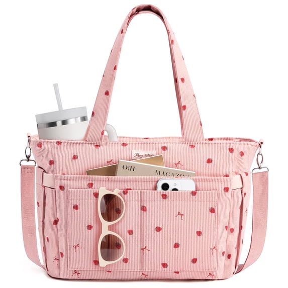 Corduroy Tote Bag for Women, Lightweight Work Laptop Tote Purse With 17 Pockets, Crossbody Shoulder Handbag for School Work Travel Gym, Pink Strawberry