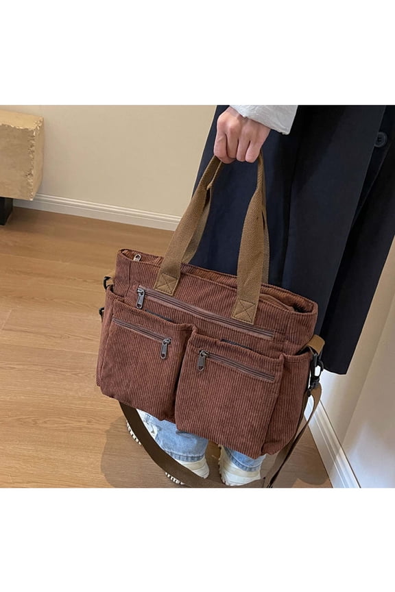 Corduroy Tote Bag With Zipper Personalized Multilayer Handbag Large Capacity Commuter Tote Bag Bags with Adjustable Shoulder Strap for Youth Travel Shopping School