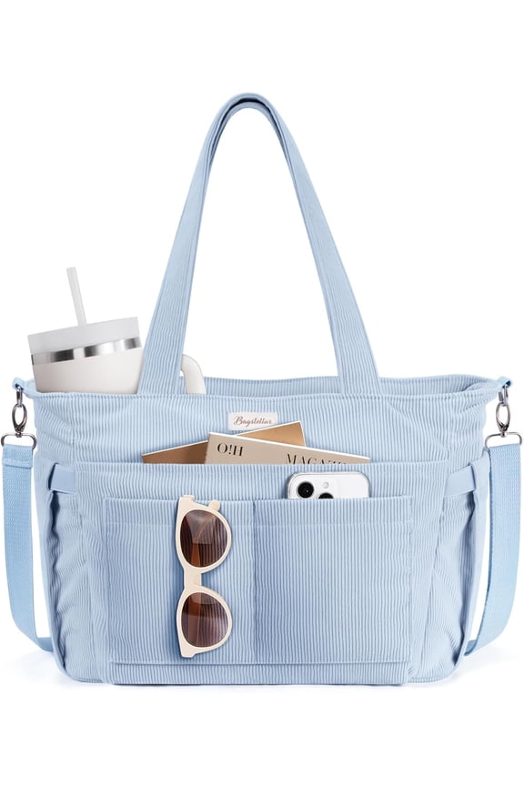 Corduroy Tote Bag for Women, 17 Pockets Laptop Work Tote Lightweight Teacher Nurse Bible Shoulder Bag for School Daily Travel