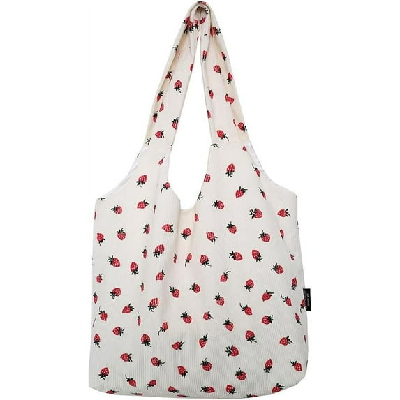Corduroy Tote Bag for Women Cute Aesthetic Hobo Handbag Strawberry Print Shoulder Bag Shopping Tote Bag