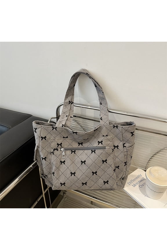 Corduroy Tote Bag for Women Cute Bow Shoulder Bag Large Tote Bag Zipper Bow Purse for Work Travel
