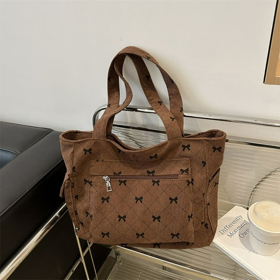 Corduroy Tote Bag for Women Cute Bow Shoulder Bag Large Tote Bag Zipper Bow Purse for Work Travel