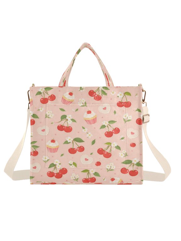 Corduroy Tote Bag for Women Large Capacity Handbag for Travel Work Everyday Cherry Cupcake Pattern Small