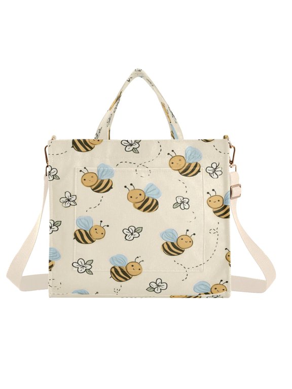 Corduroy Tote Bag for Women Large Capacity Handbag for Travel Work Everyday Little Bee and White Flower Small