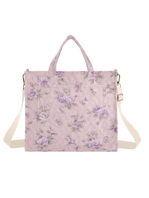 Corduroy Tote Bag for Women Large Capacity Handbag for Travel Work Everyday Pink Floral Rose Pattern Small