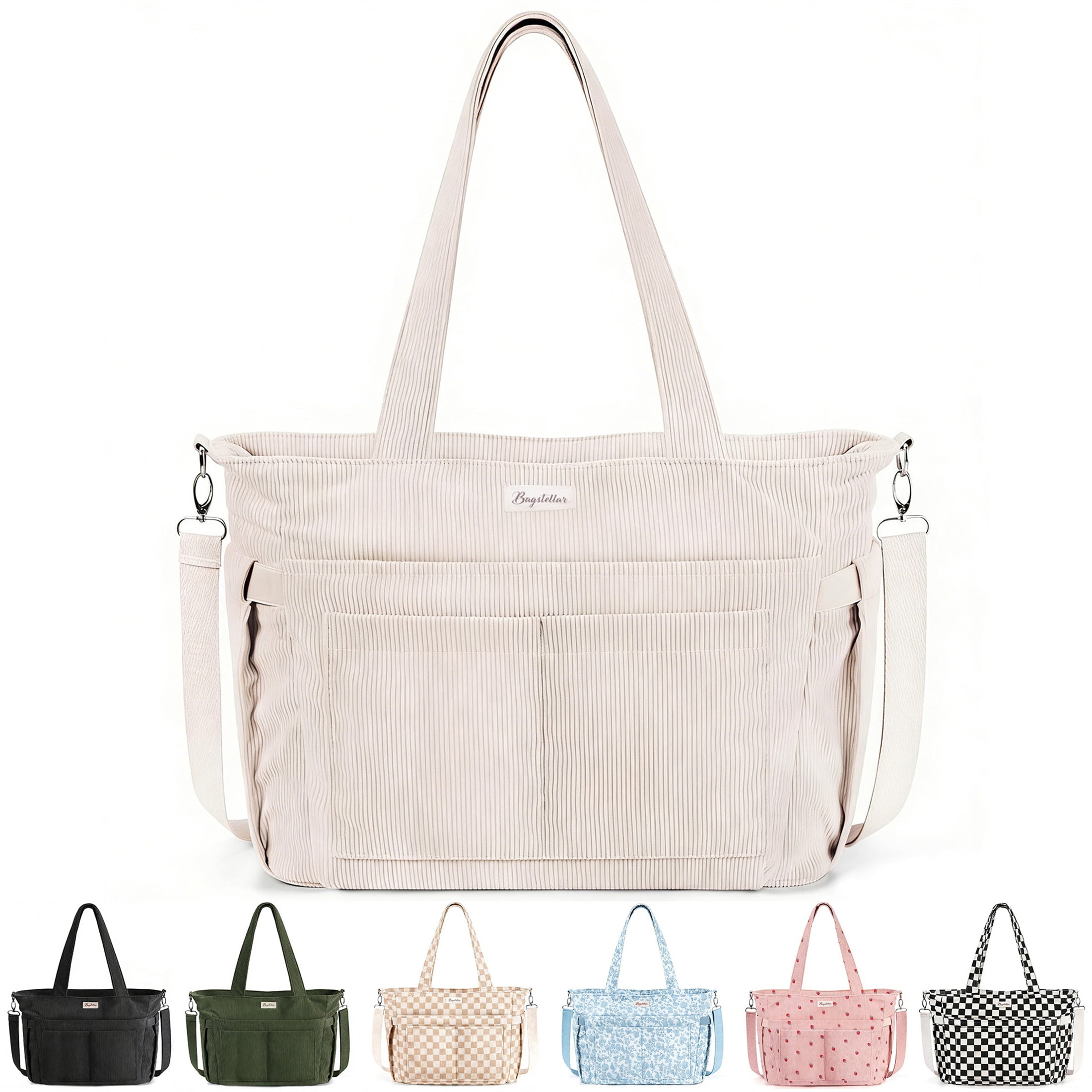 Corduroy Tote Bag for Women, Lightweight Work Laptop Tote Purse With 17 Pockets, Crossbody Shoulder Handbag for School Work Travel Gym, Beige