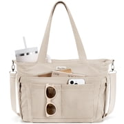 Corduroy Tote Bag for Women, Lightweight Work Laptop Tote Purse With 17 Pockets, Crossbody Shoulder Handbag for School Work Travel Gym, Beige