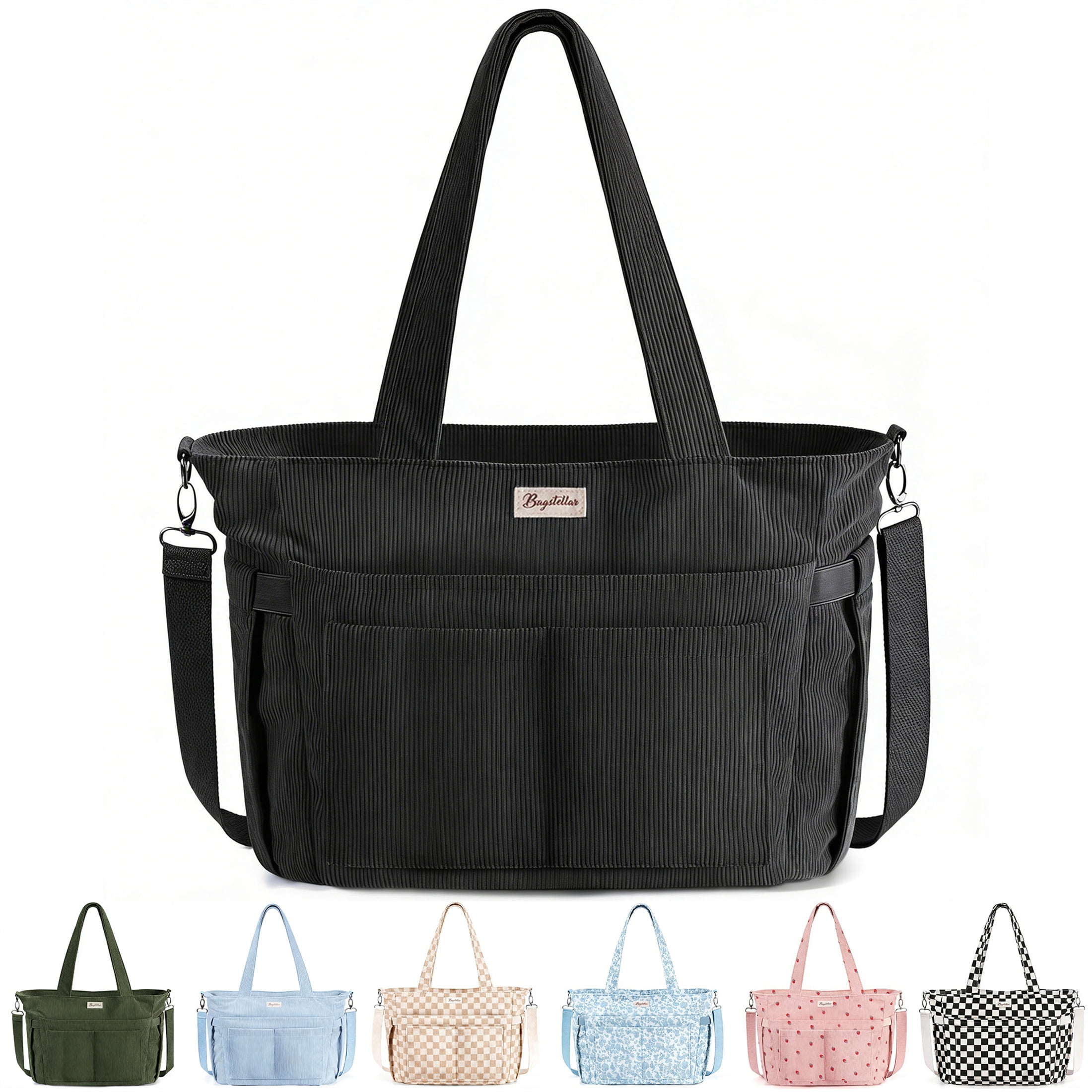 Corduroy Tote Bag for Women, Lightweight Work Laptop Tote Purse With 17 Pockets, Crossbody Shoulder Handbag for School Work Travel Gym, Black