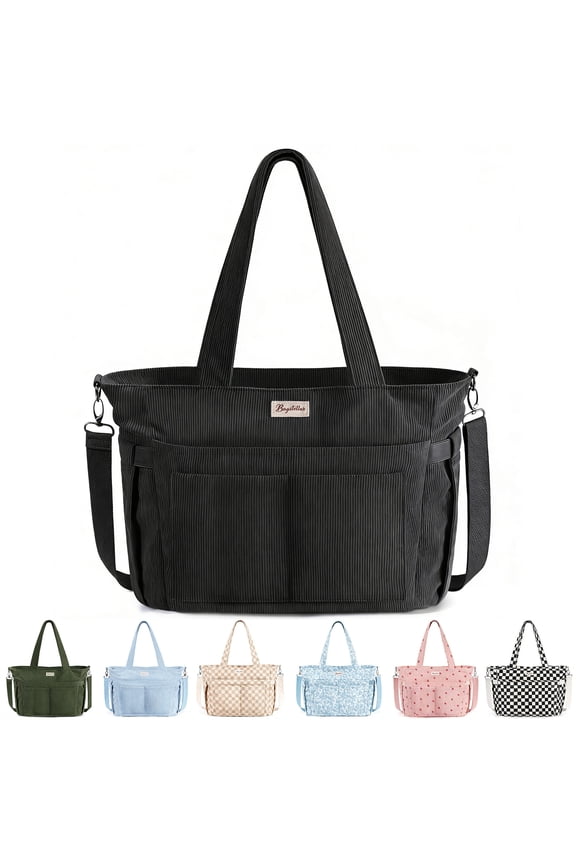 Corduroy Tote Bag for Women, Lightweight Work Laptop Tote Purse With 17 Pockets, Crossbody Shoulder Handbag for School Work Travel Gym, Black
