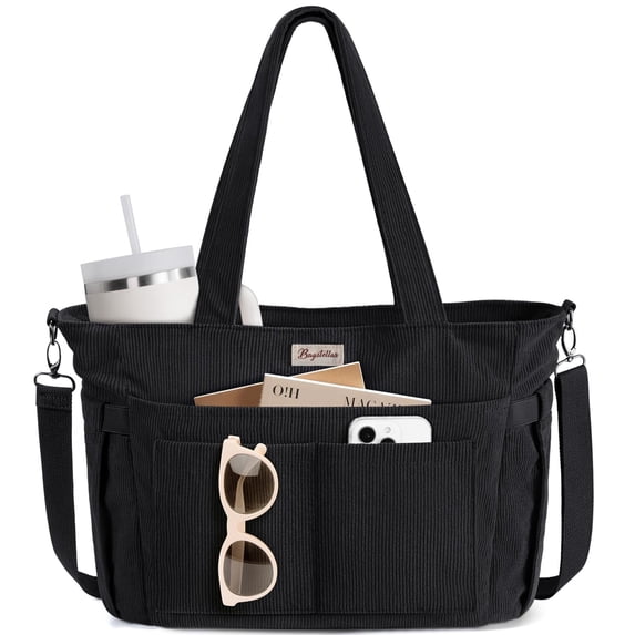 Corduroy Tote Bag for Women, Lightweight Work Laptop Tote Purse With 17 Pockets, Crossbody Shoulder Handbag for School Work Travel Gym, Black