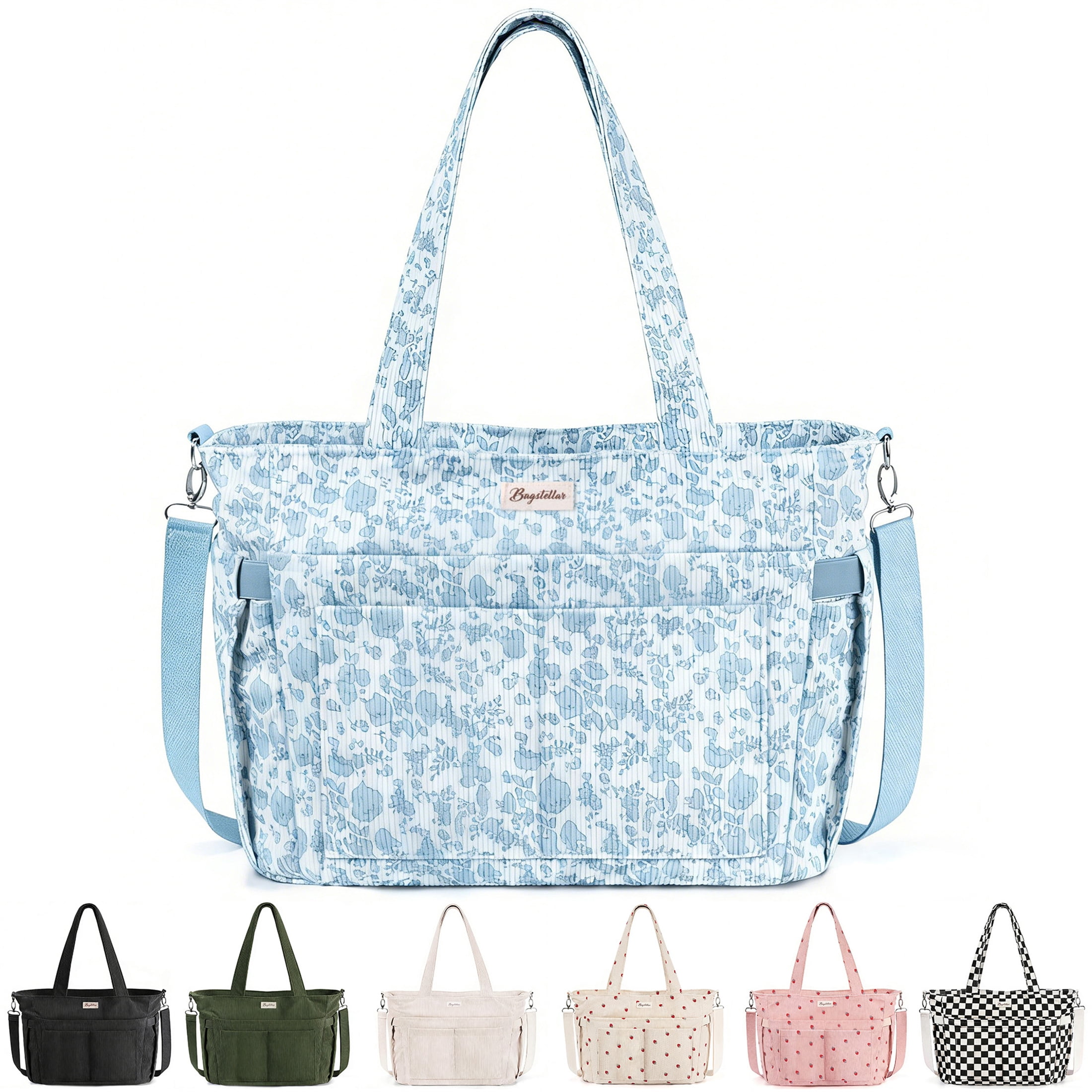 Corduroy Tote Bag for Women, Lightweight Work Laptop Tote Purse With 17 Pockets, Crossbody Shoulder Handbag for School Work Travel Gym, Blue Floral