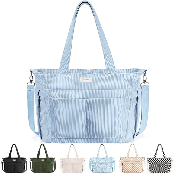 Corduroy Tote Bag for Women, Lightweight Work Laptop Tote Purse With 17 Pockets, Crossbody Shoulder Handbag for School Work Travel Gym, Blue