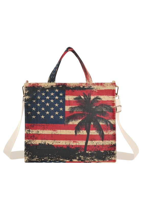 Corduroy Tote Bag for Women Shoulder Handbags Fashion Ladies Purses Satchel Messenger Bags American Flag with Palm Trees S