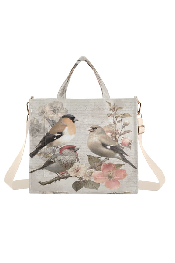 Corduroy Tote Bag for Women Shoulder Handbags Fashion Ladies Purses Satchel Messenger Bags Beautiful Birds Sitting on Branches S
