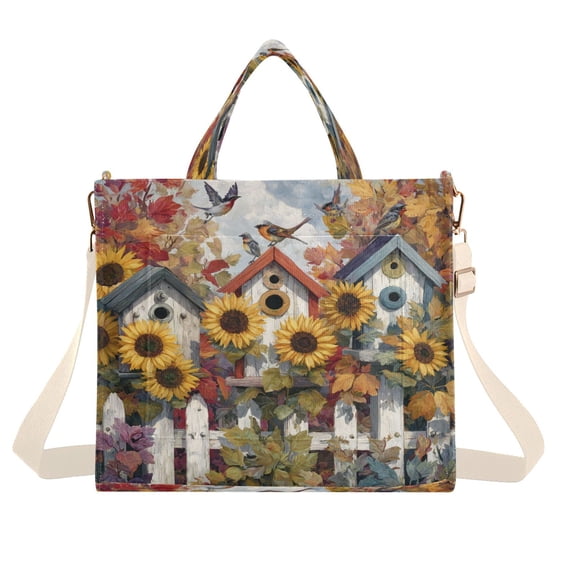 Corduroy Tote Bag for Women Shoulder Handbags Fashion Ladies Purses Satchel Messenger Bags Birdhouses with Sunflowers S