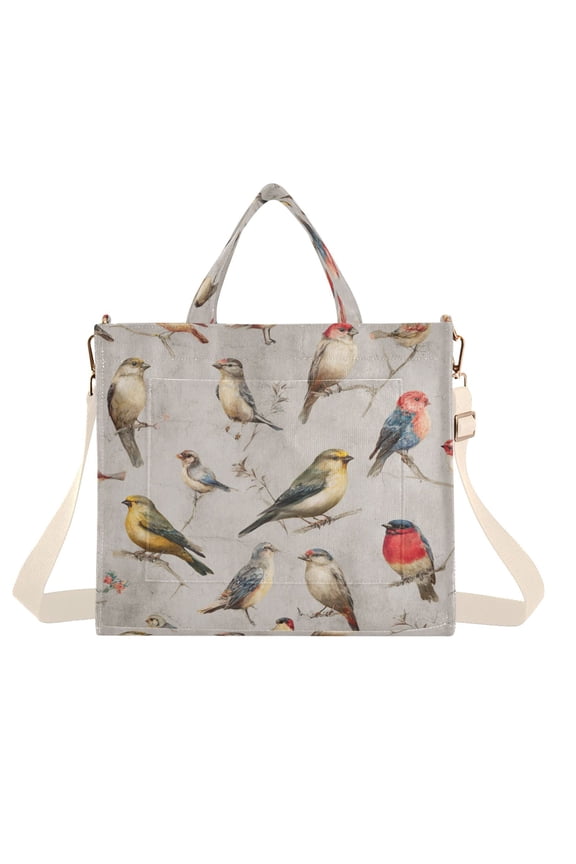 Corduroy Tote Bag for Women Shoulder Handbags Fashion Ladies Purses Satchel Messenger Bags Birds Pattern M