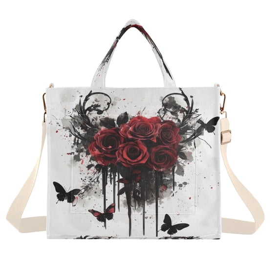 Corduroy Tote Bag for Women Shoulder Handbags Fashion Ladies Purses Satchel Messenger Bags Black Butterflies and Red Roses S