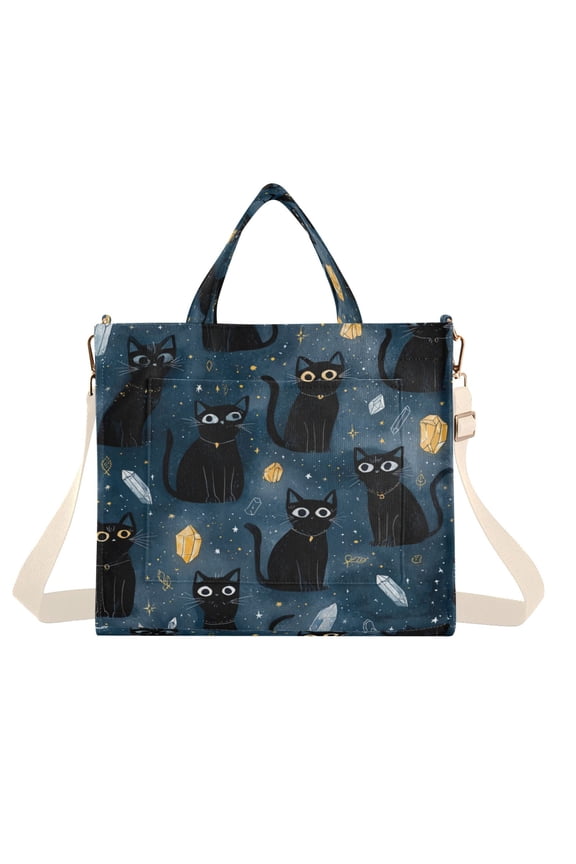 Corduroy Tote Bag for Women Shoulder Handbags Fashion Ladies Purses Satchel Messenger Bags Black Cats and Mystical Symbols S