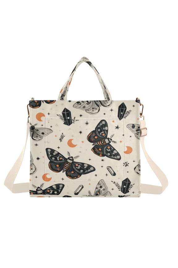 Corduroy Tote Bag for Women Shoulder Handbags Fashion Ladies Purses Satchel Messenger Bags Black and White Moths S