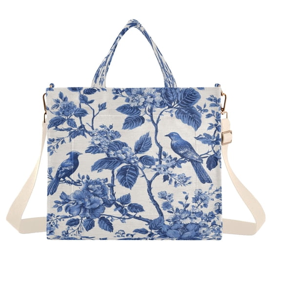 Corduroy Tote Bag for Women Shoulder Handbags Fashion Ladies Purses Satchel Messenger Bags Blue Flowers and Birds S