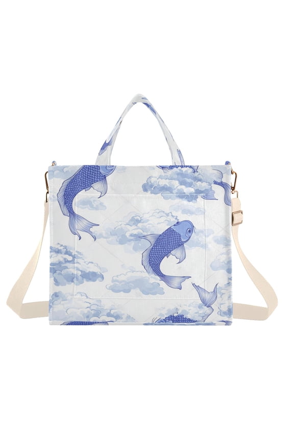 Corduroy Tote Bag for Women Shoulder Handbags Fashion Ladies Purses Satchel Messenger Bags Blue Koi Fish S