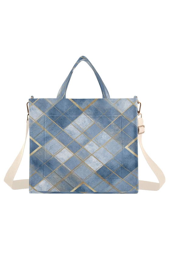 Corduroy Tote Bag for Women Shoulder Handbags Fashion Ladies Purses Satchel Messenger Bags Blue Plaid Pattern M