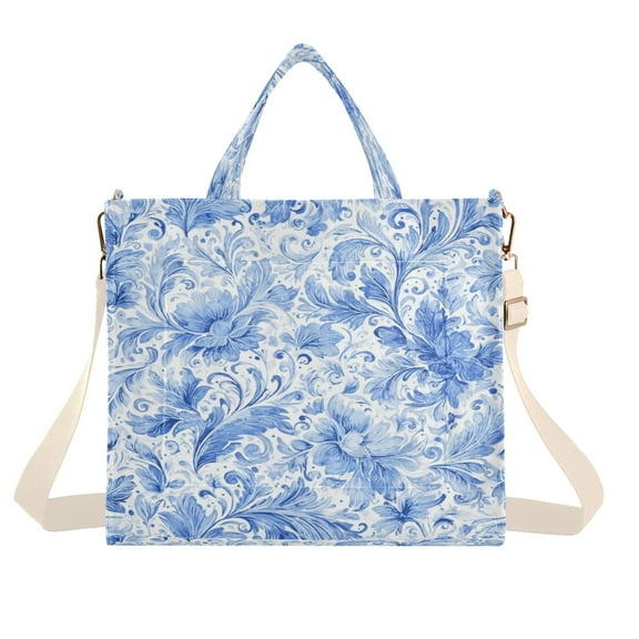 Corduroy Tote Bag for Women Shoulder Handbags Fashion Ladies Purses Satchel Messenger Bags Blue Watercolor Floral Pattern S