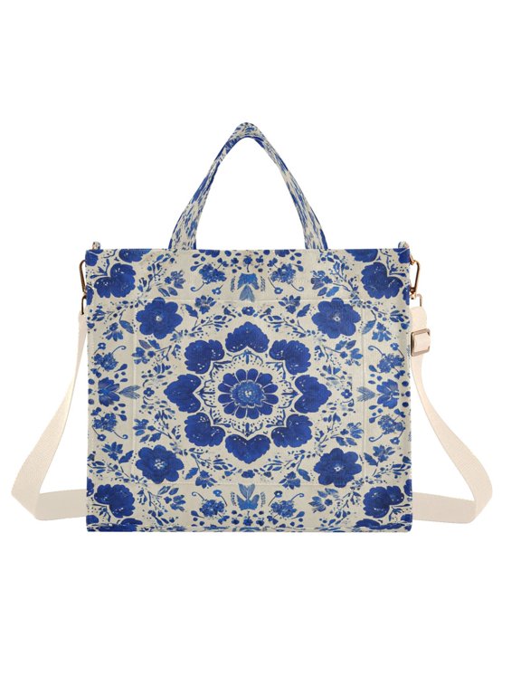 Corduroy Tote Bag for Women Shoulder Handbags Fashion Ladies Purses Satchel Messenger Bags Blue and White Batik Pattern S