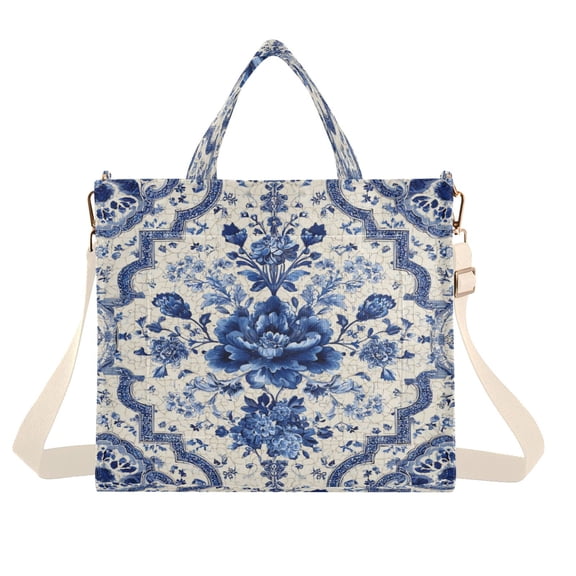 Corduroy Tote Bag for Women Shoulder Handbags Fashion Ladies Purses Satchel Messenger Bags Blue and White Porcelain-style S