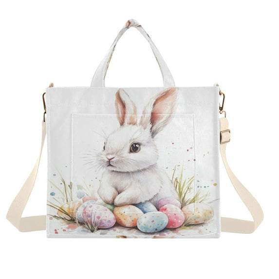 Corduroy Tote Bag for Women Shoulder Handbags Fashion Ladies Purses Satchel Messenger Bags Bunny with Colorful Easter Eggs S