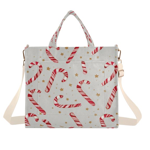 Corduroy Tote Bag for Women Shoulder Handbags Fashion Ladies Purses Satchel Messenger Bags Candy Cane and Gold Stars S