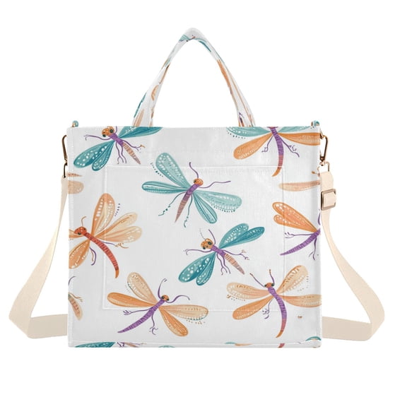 Corduroy Tote Bag for Women Shoulder Handbags Fashion Ladies Purses Satchel Messenger Bags Cartoon Dragonflies Pattern S