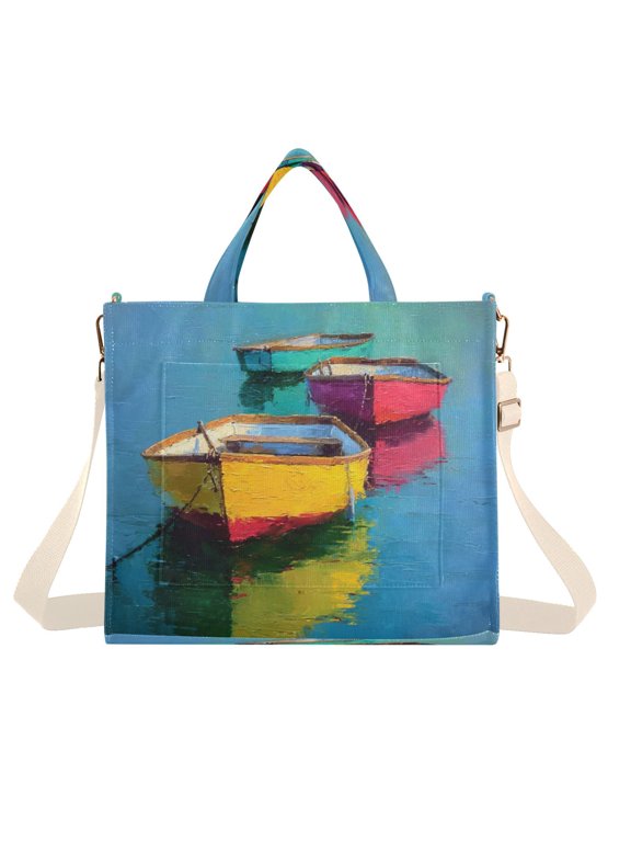 Corduroy Tote Bag for Women Shoulder Handbags Fashion Ladies Purses Satchel Messenger Bags Colorful Row Boats S